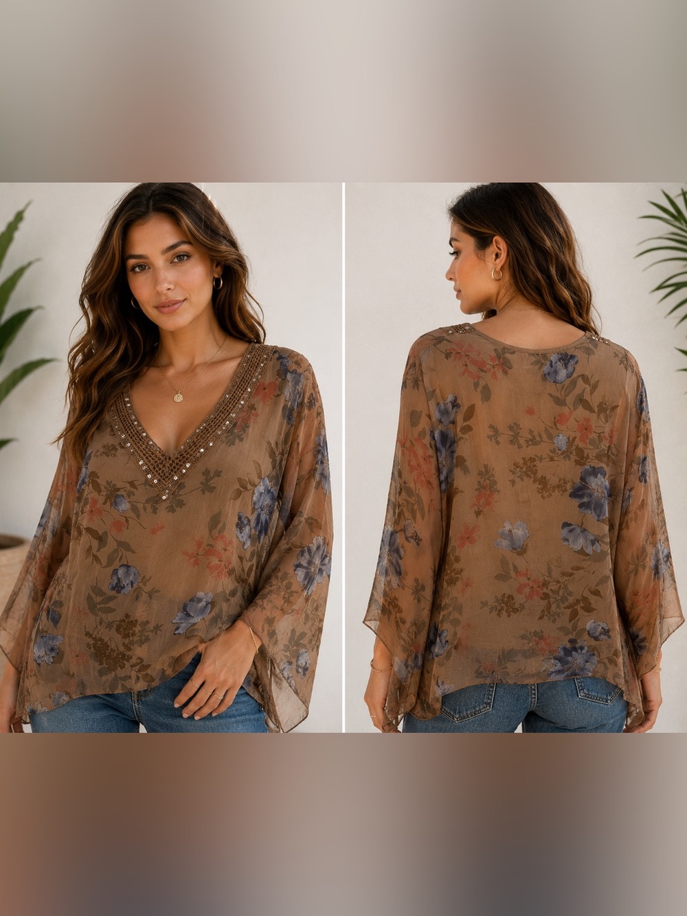 Tempo Paris Brown Floral V-Neck Beaded Silk Blend Blouse, Made in Italy
